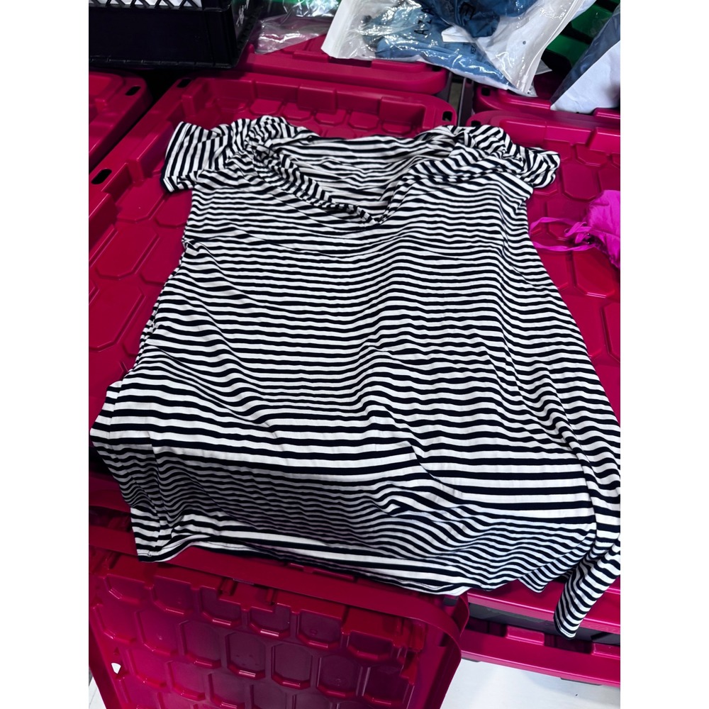 Ekouaer Womens Black White Striped V-Neck Short Sleeve Nightshirt Sleep Dress L